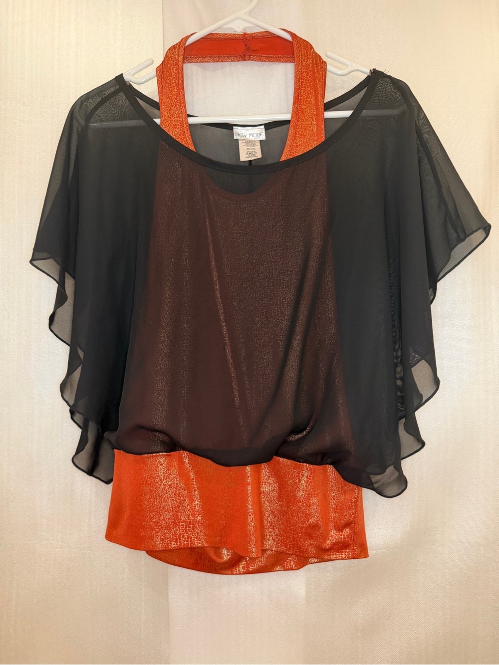 Black Sheer Overlay Blouse with Orange Metallic Halter Tank Size M
